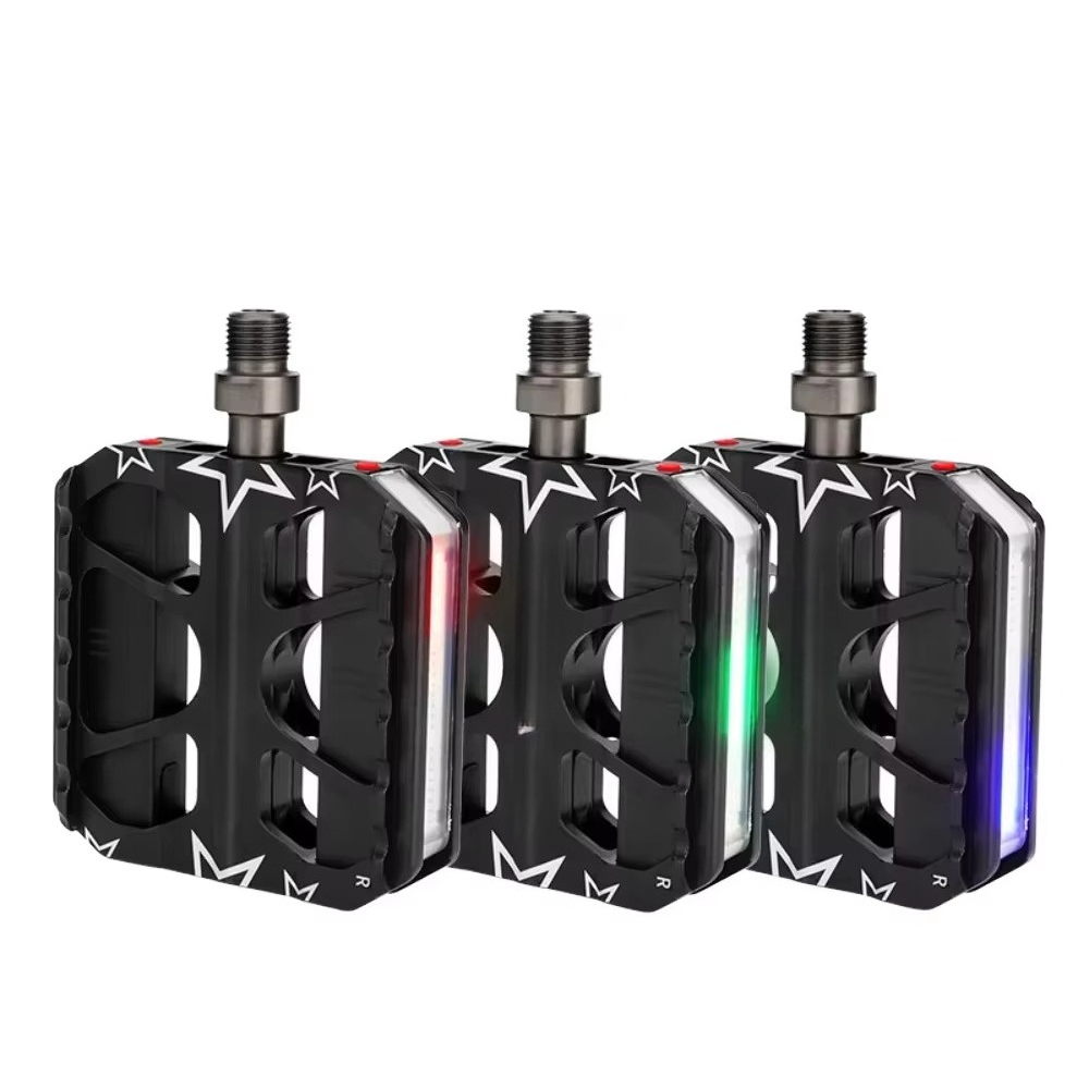 Mountain Biking Lights - 3ベアリングMTBペダル LED安全ライト付き CNCアルミ合金プラットフォームペダル 折りたたみ/マウンテンバイク用 IP6防水